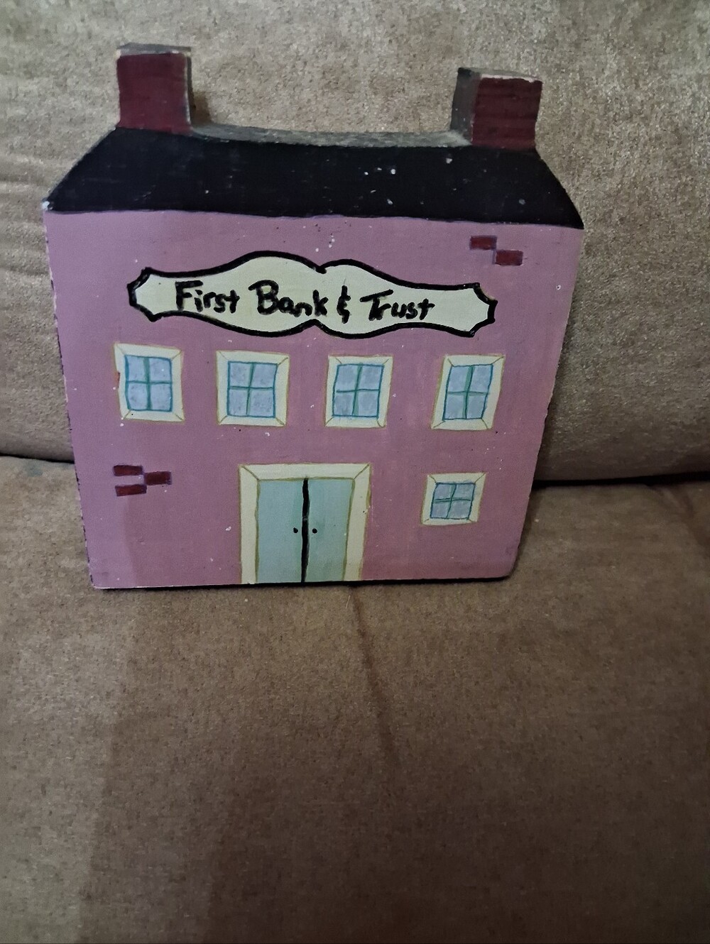 Handpainted Pink Wooden 'First Bank & Trust' Decorative House